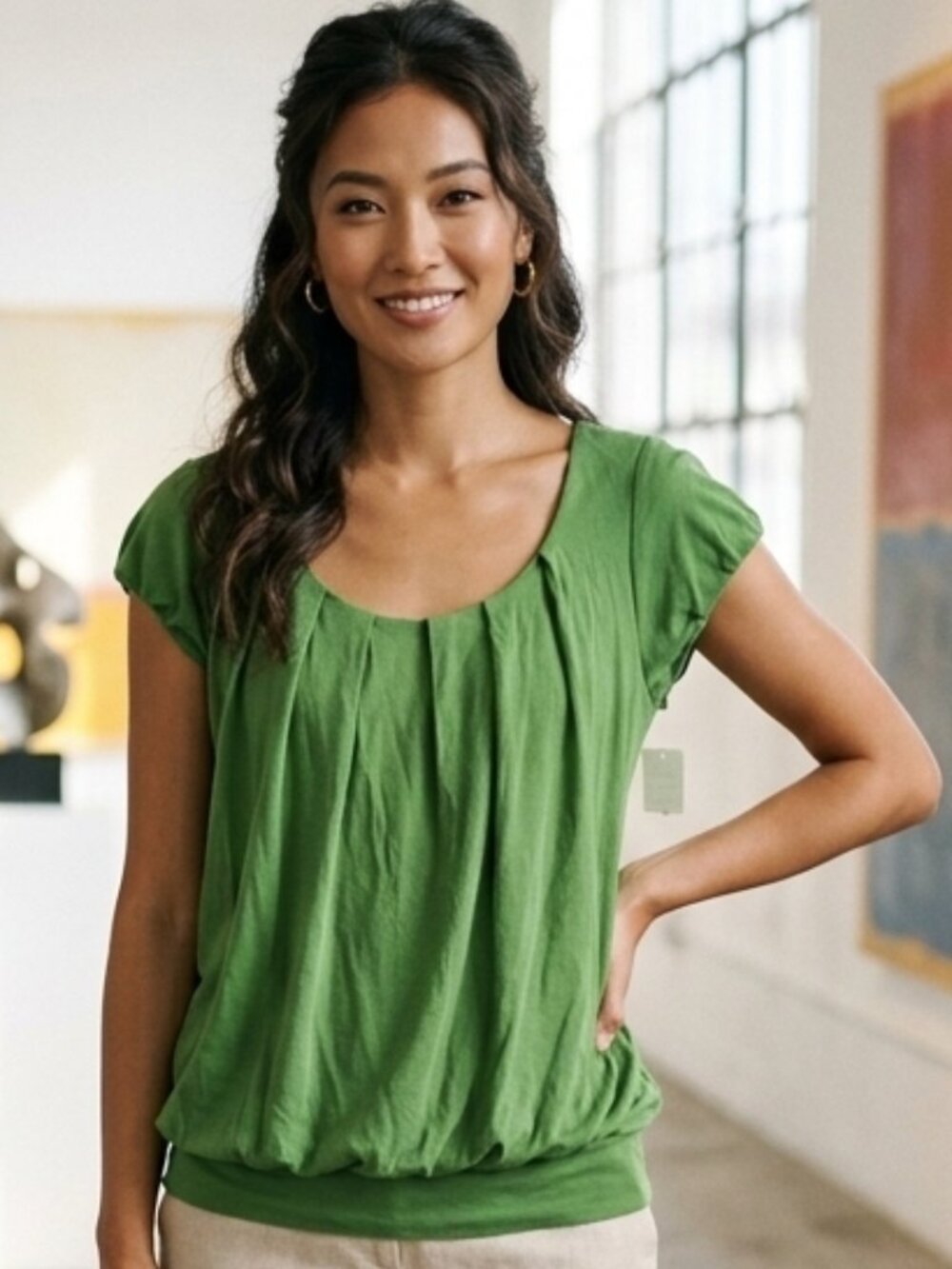 BANANA REPUBLIC Pleated Green Bubble-Hem Blouse